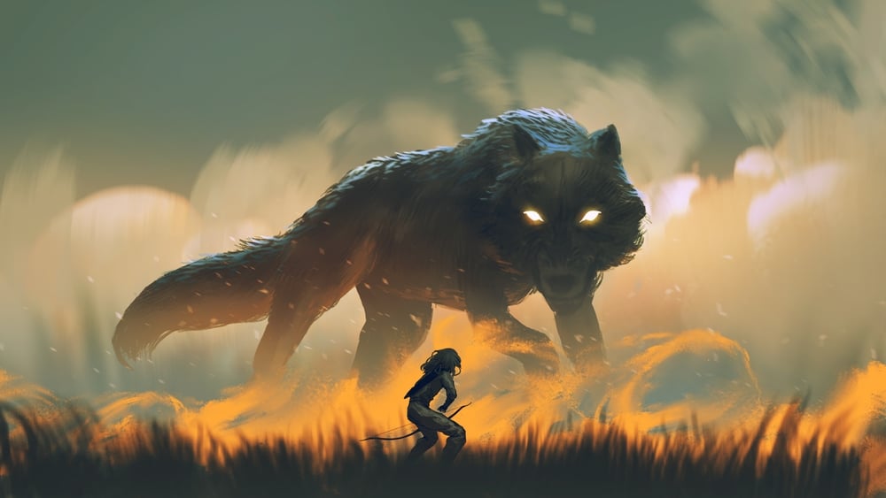 Eine Person vor einem großen Wolf