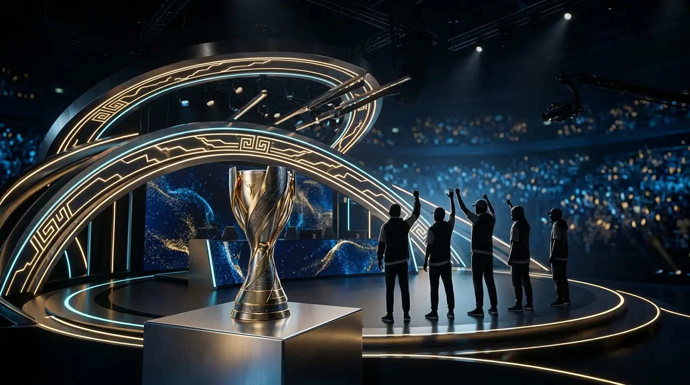 Gen.G feiert den LCK-Titel 2026 und die Qualifikation für die Worlds auf einer beleuchteten Esports-Bühne.