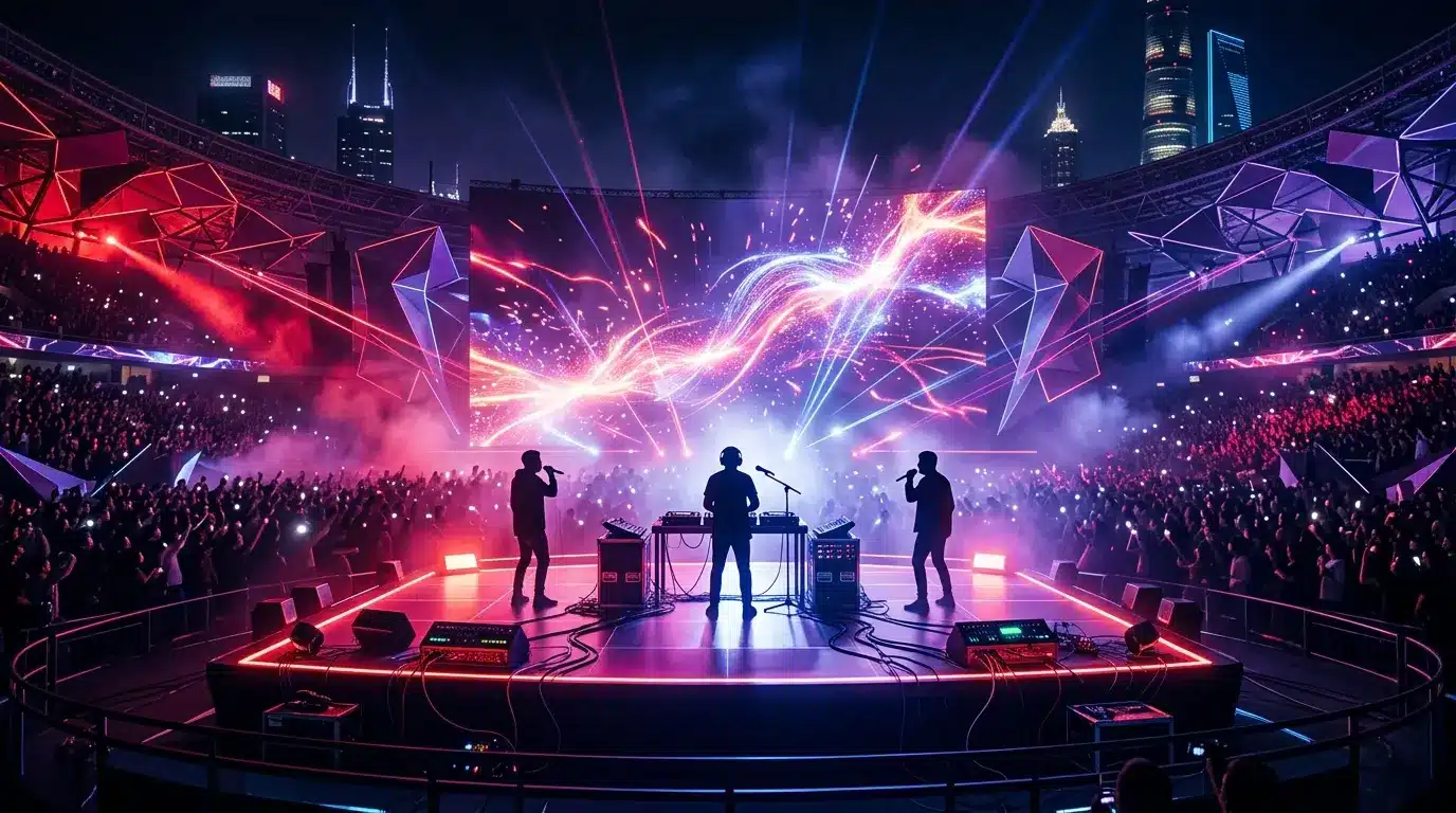 Drei Silhouetten auf einer beleuchteten Esports-Bühne bei einer VALORANT-Hymnenpremiere