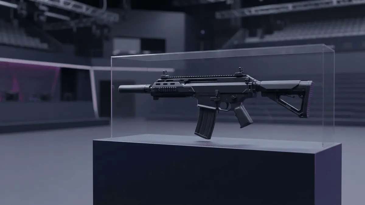 Futuristische taktische Rifle hinter einer Wettbewerbssperre vor einer violett beleuchteten Esports-Arena