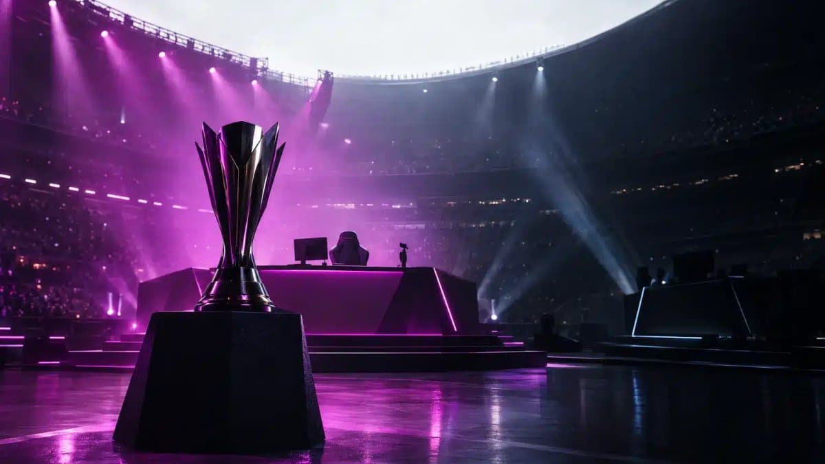 Eine in violettes Licht getauchte E-Sport-Turnierbühne nach einem entscheidenden Comeback in den Playoffs