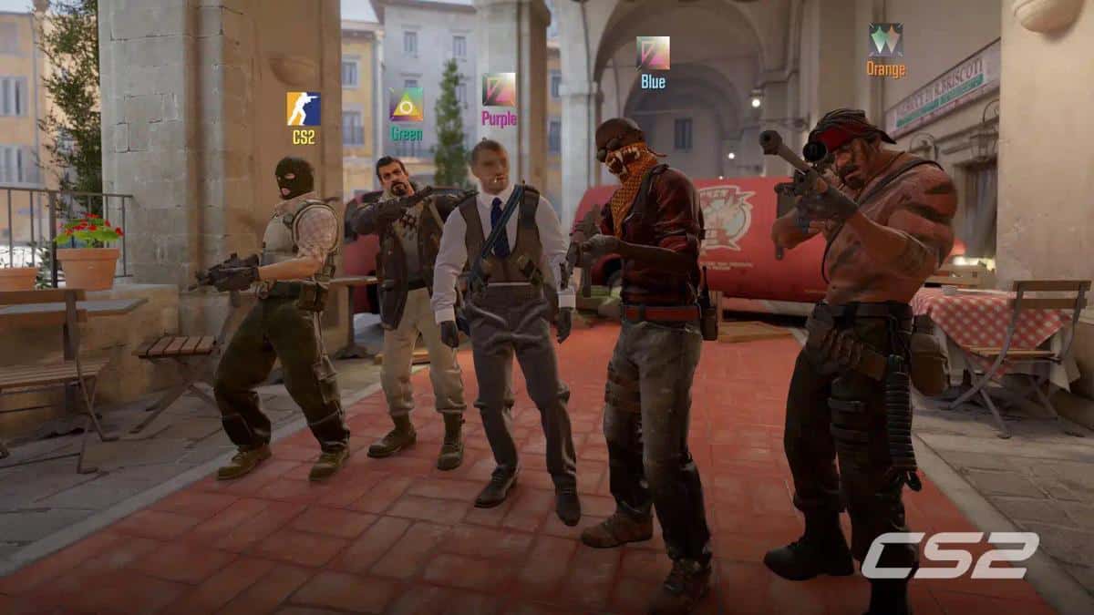 Eine Gruppe von Charaktermodellen aus Counter-Strike 2 steht in einer städtischen Straßenumgebung.