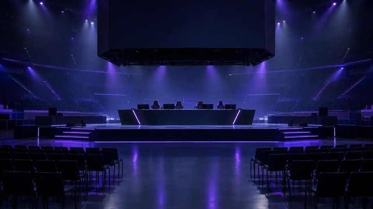 Leere Esports-Bühne, vorbereitet für ein verschobenes FIFAe-Finals-Turnier in Jeddah