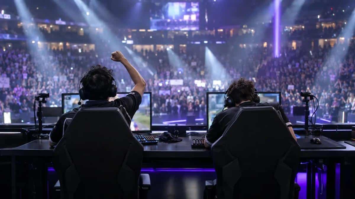 E-Sportler feiern hinter ihren Monitoren auf der Bühne einer voll besetzten Meisterschaftsarena.