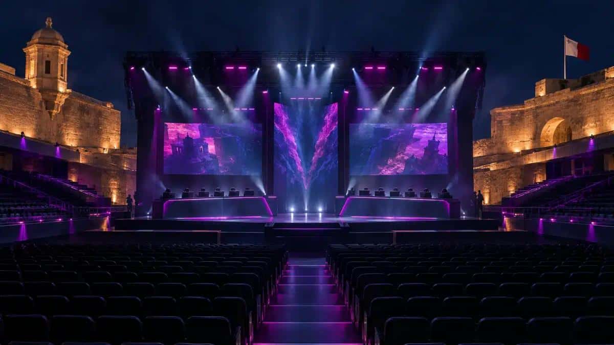 Eine dramatische Bühne eines CS2-E-Sport-Turniers mit violetter Beleuchtung in einer modernen Arena in Malta