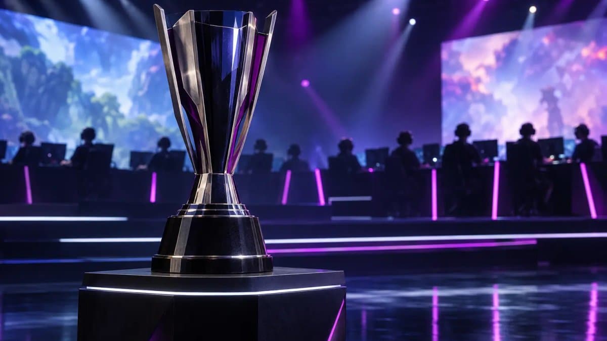 Meisterschaftstrophäe auf einer E-Sport-Bühne mit Highschool-Teilnehmern im Hintergrund
