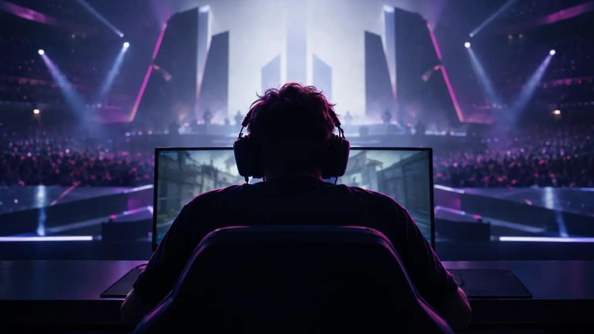 Ein anonymisierter E-Sport-Wettkämpfer blickt während eines spannenden Comebacks im Lower Bracket auf eine violett beleuchtete Turnierbühne