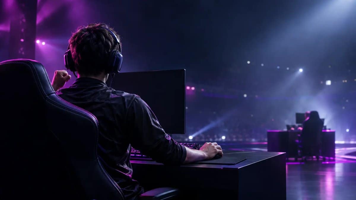 Ein Esports-Profi auf einer dunklen Turnierbühne nach einem Playoff-Sieg, mit violetter Beleuchtung, die auf ein entscheidendes Revanche-Match hindeutet.