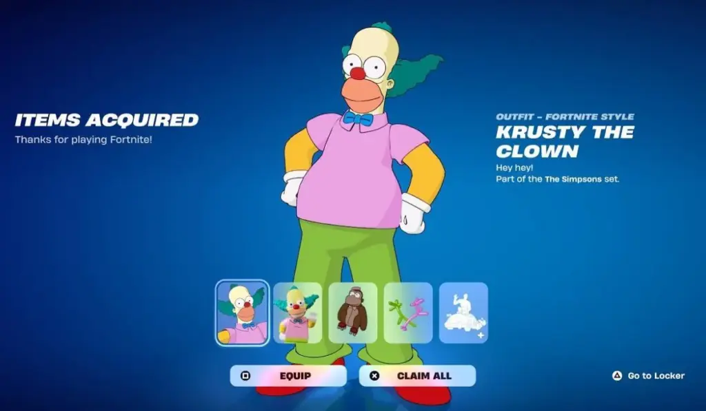 Krusty el Payaso como Jefe en Fornite de los Simpson