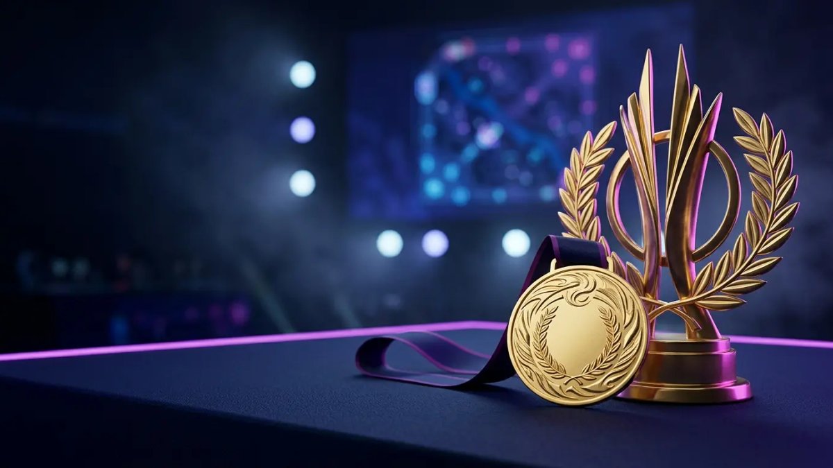 Medalla de oro de esports en un escenario de campeonato que representa las cinco medallas obtenidas por Corea del Sur en los Asian Games