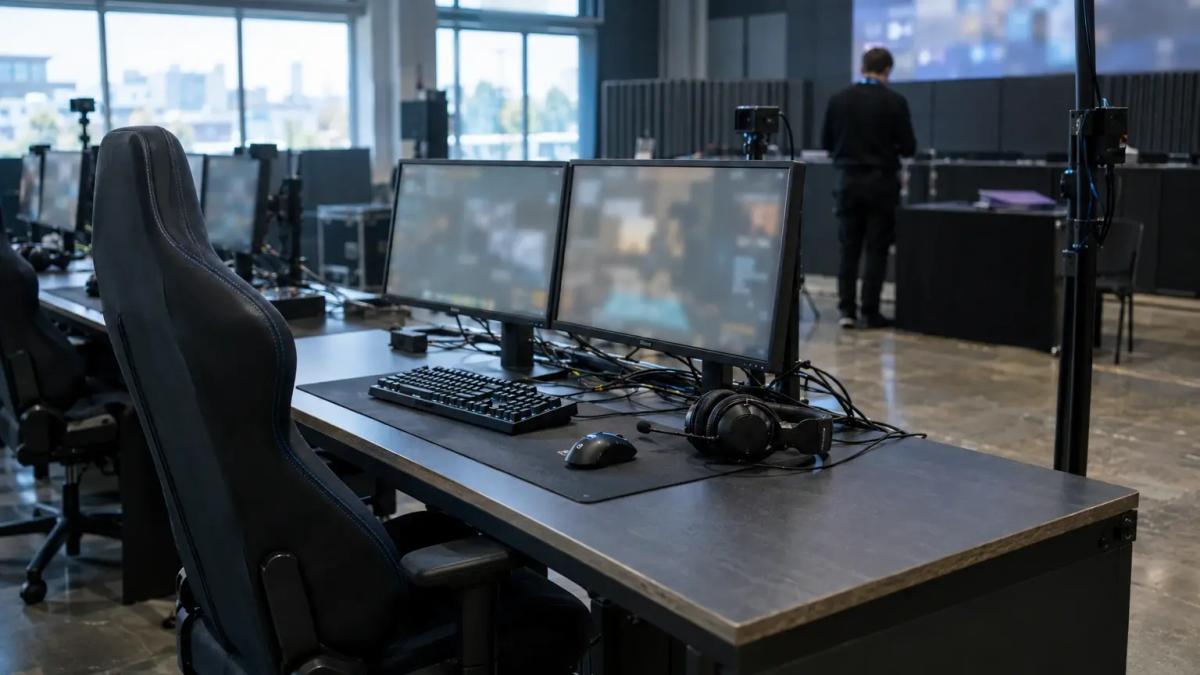 Puesto vacío de un torneo de esports, con monitores y equipo, tras una sanción disciplinaria