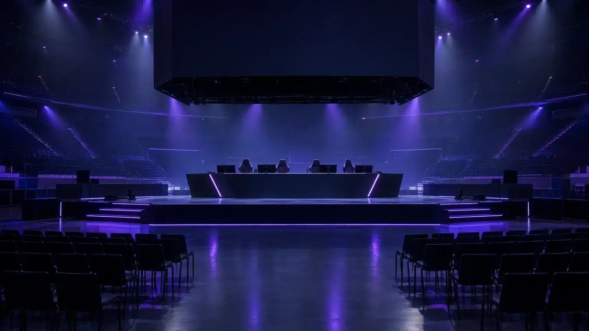Escenario de esports vacío, preparado para un torneo de las FIFAe Finals aplazado en Yeda