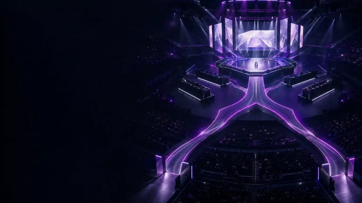 Escenario de una arena de esports iluminado en color violeta que simboliza el cuadro de eliminatorias completado de BLAST Slam VIII