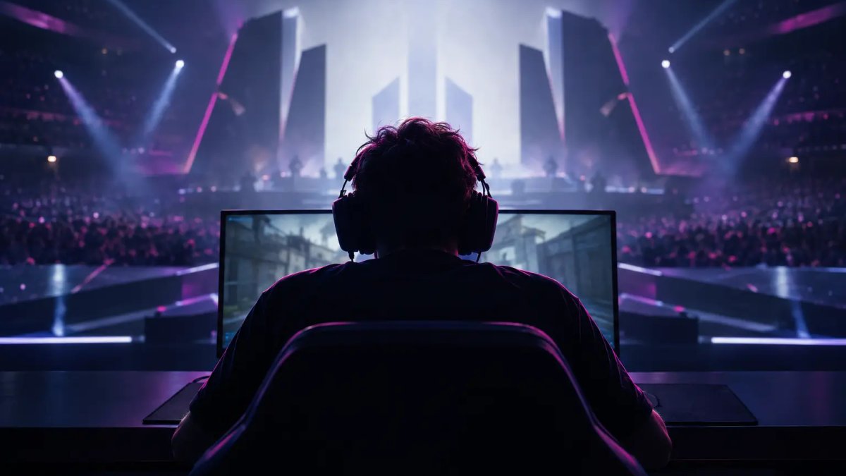 Competidor de esports anónimo frente a un escenario de torneo iluminado en violeta durante una tensa remontada en el lower bracket