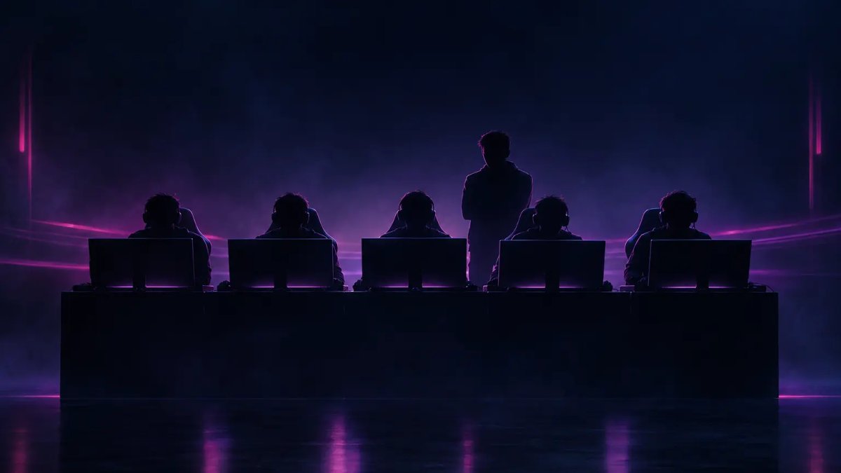 Un equipo de esports de cinco jugadores se reúne en sus estaciones de juego para el regreso de Team Tidebound a Dota 2