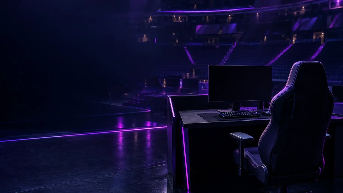 Escenario de esports vacío con una estación de juego apagada, simbolizando la incertidumbre sobre el futuro de la LFL en 2027