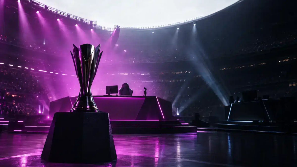 Escenario de un torneo de Esports iluminado en violeta tras una remontada decisiva en los playoffs