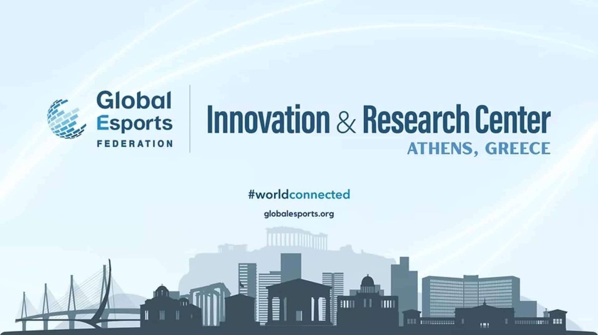 Affiche annonçant la mise en place du centre de recherche de la global esport federation à Athènes