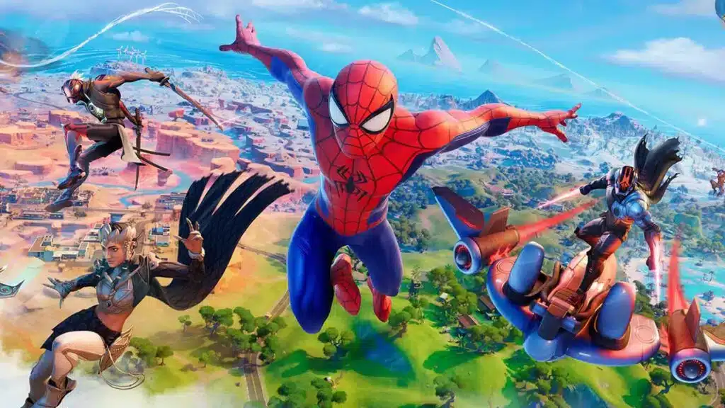 spiderman dans fortnite en train de voler