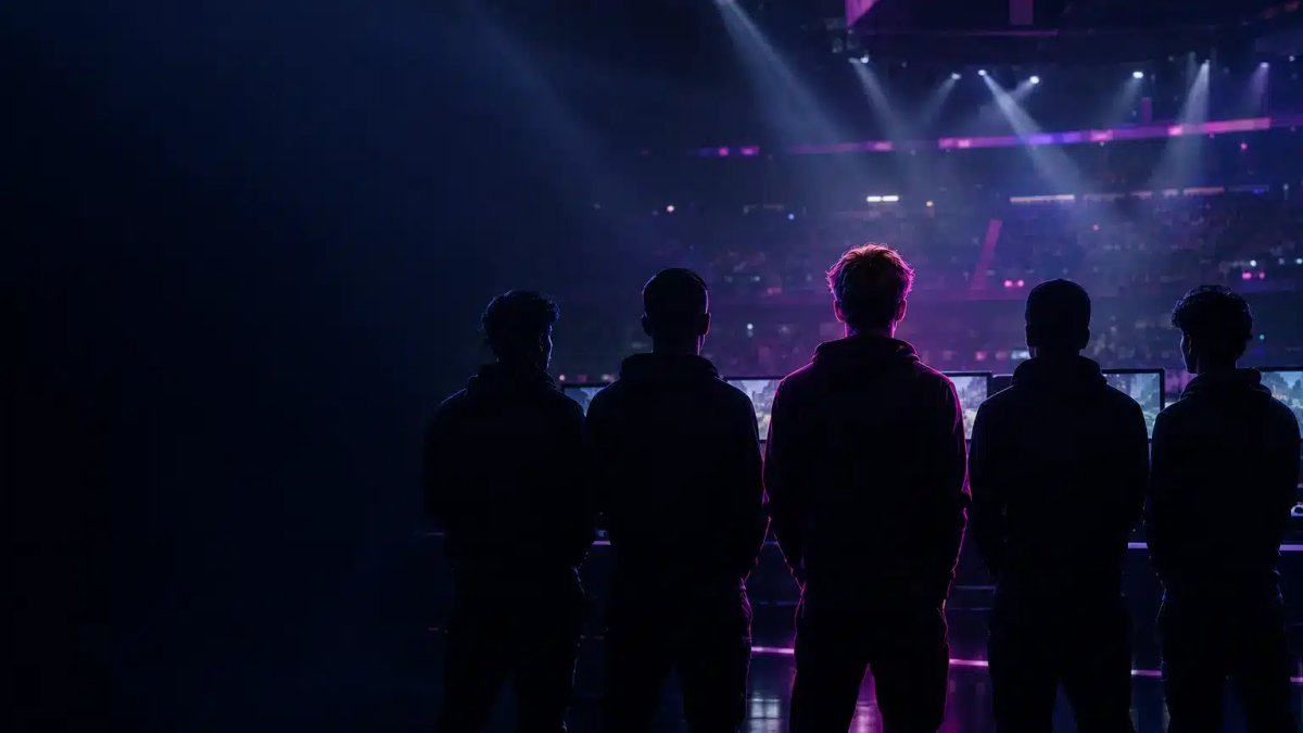 Silhouette d'une équipe d'esport de cinq joueurs sur la scène d'une arène sombre, avec une figure mise en évidence en violet