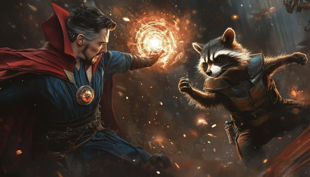 Twee Marvel Heroes characters in gevecht: Doctor Strange neemt het op tegen Rocket Raccoon.