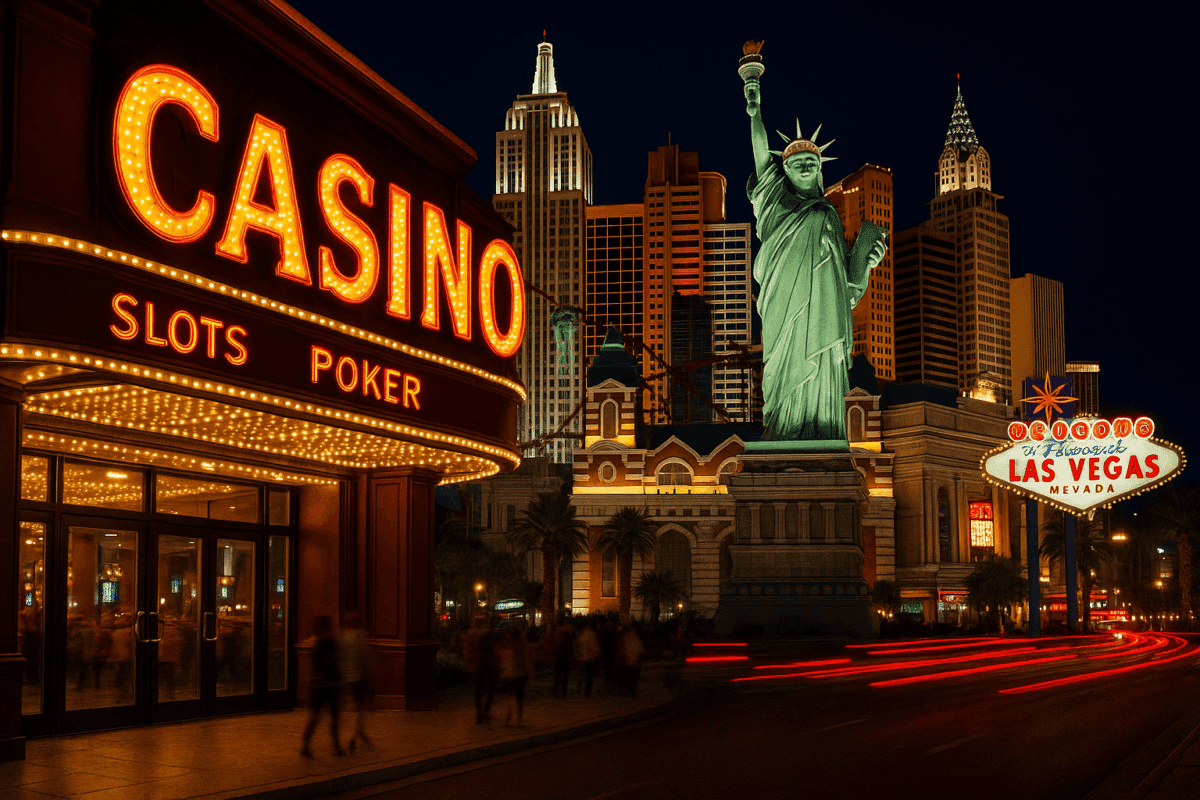 Een foto in de nacht van een casino met gokkasten in Las Vegas, Amerika