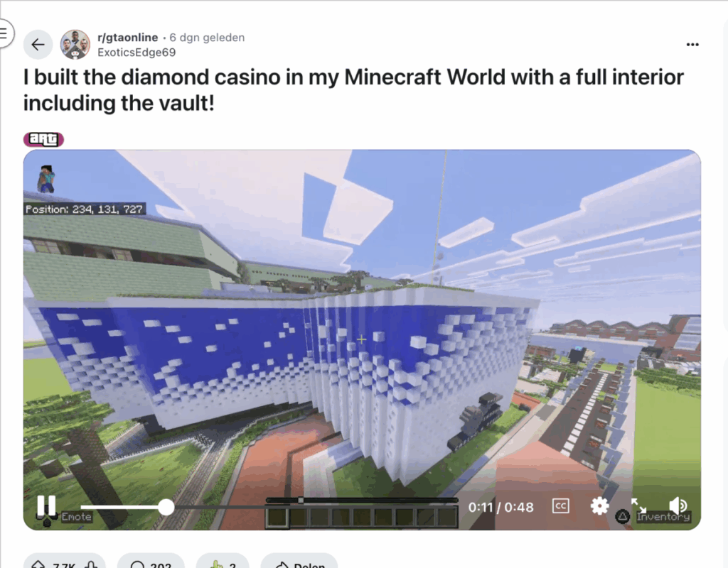Diamond Casino & Resort uit GTA Online Minecraft bouwwerk - Bron: Reddit ExoticsEdge66