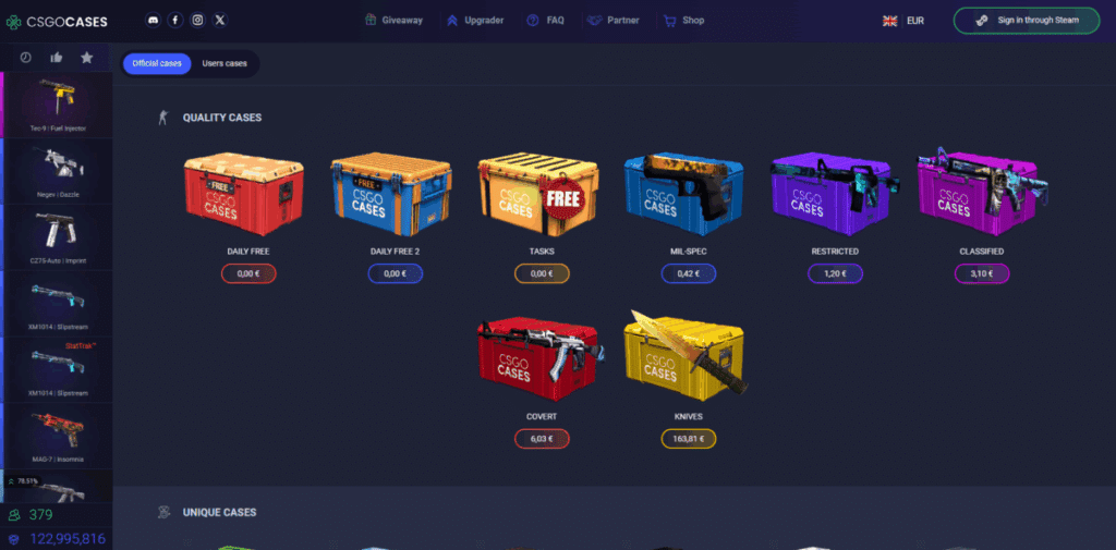 Een screenshot van de website CSGOCases, waar wat loot boxes te zien zijn die je kunt openen voor echt geld om skins te winnen.