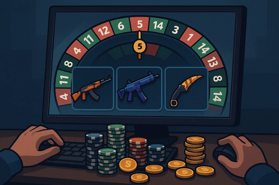Een Counter-Strike 2 gokwebsite, met een roulette tafel en diverse skins