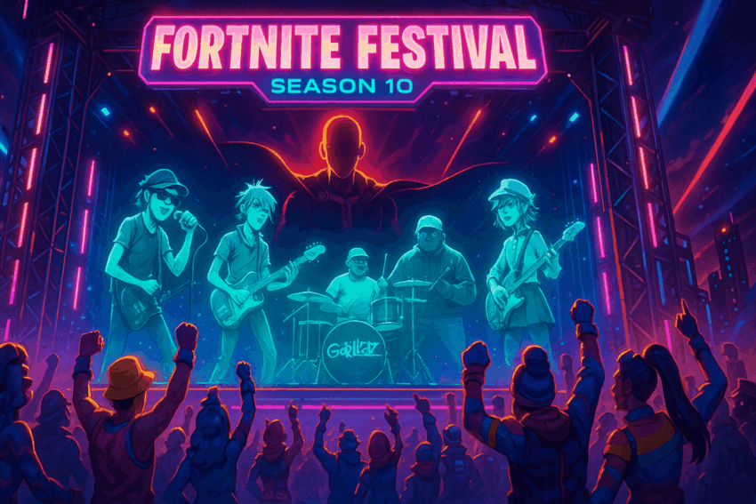 Fortnite Festival seizoen 10 met Gorillaz skins en One Punch Man crossover update details.
