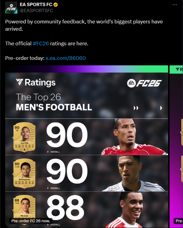 Een tweet van EA Sports over de EA FC 26 ratings van de beste mannelijke spelers.
