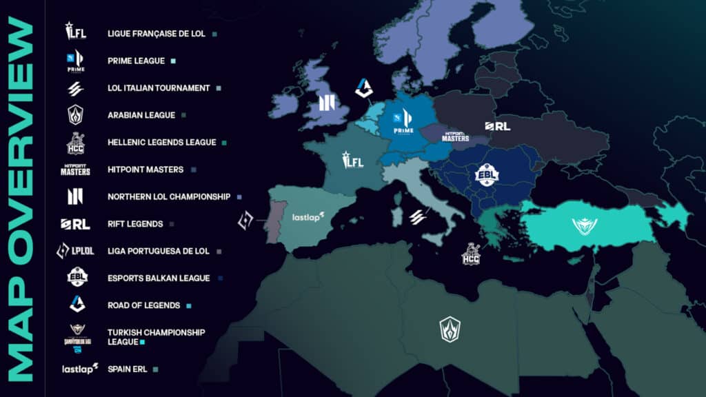 Locaties van alle ERL leagues in Europa.