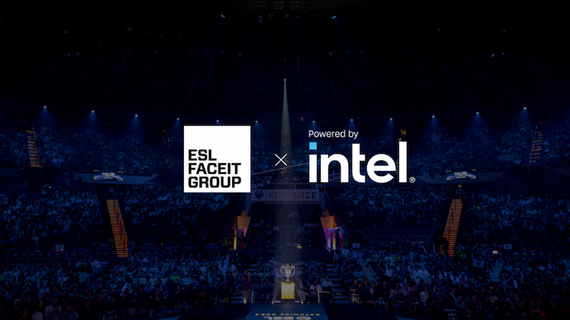 Logotyp för ESL Faceit Group med ett X i mitten och Intel som symboliserar deras samarbete.