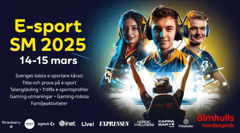 Tre e-sportspelare tillsammans med sponsorerna för e-sport-SM 2025 i Älmhult, där de tävlar i CS2, Dota 2 och Rocket League.