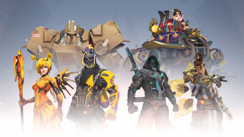 En grupp karaktärer från Overwatch 2, med olika dräkter och färgstarka utseenden, redo för strid
