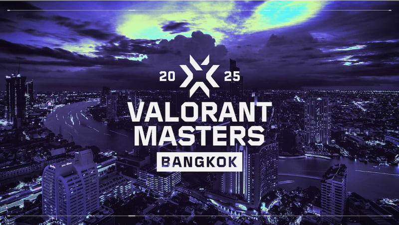 Vy över Bangkok med texten 'Valorant Masters Bangkok' över stadsbilden.