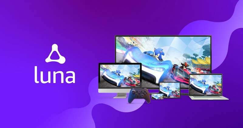 Bild med Amazon Luna-logotypen och flera enheter som visar ett racingspel, inklusive Sonic.