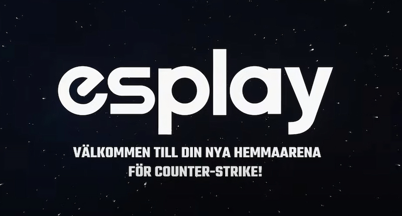 Logotyp för Esplay med texten "Välkommen till din nya hemmaarena för Counter-Strike" på mörk bakgrund.