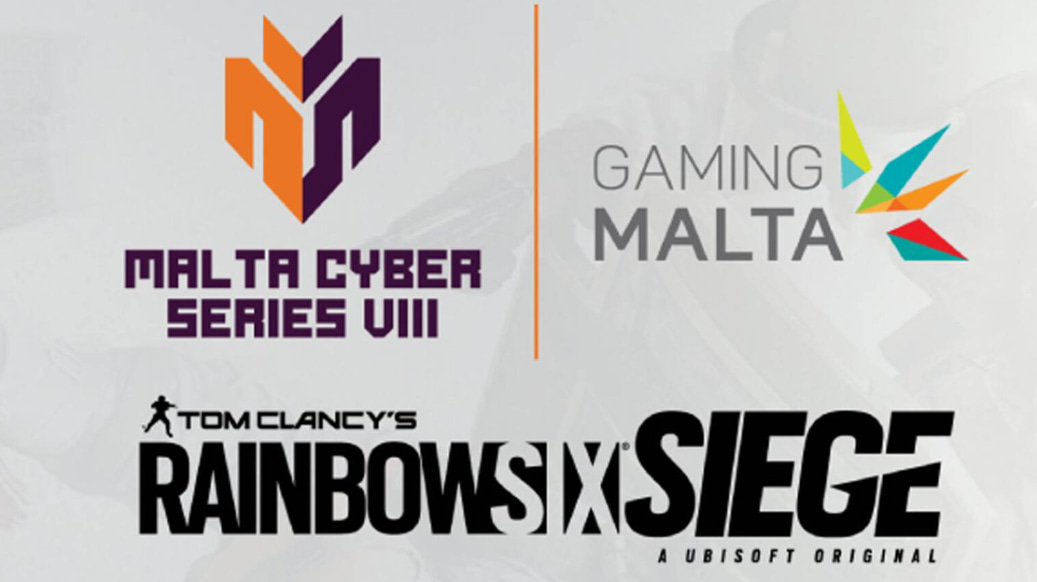 Loggor för Malta Cyber Series VIII och Gaming Malta på ljusgrå bakgrund för R6 Siege-event 14-16 mars 2025.