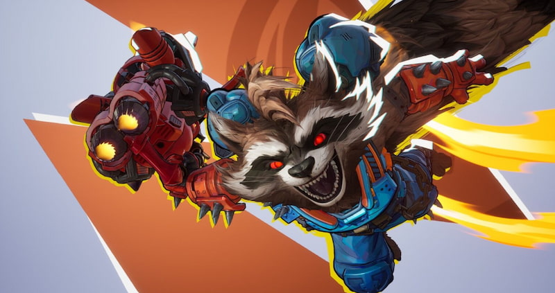 Rocket Raccoon svävar i luften med en orange och grå bakgrund.