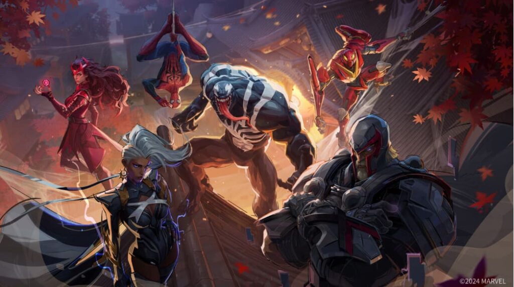 Spider-Man och Venom tillsammans med andra karaktärer från Marvel Rivals, som visar spelets ikoniska hjältar och skurkar.