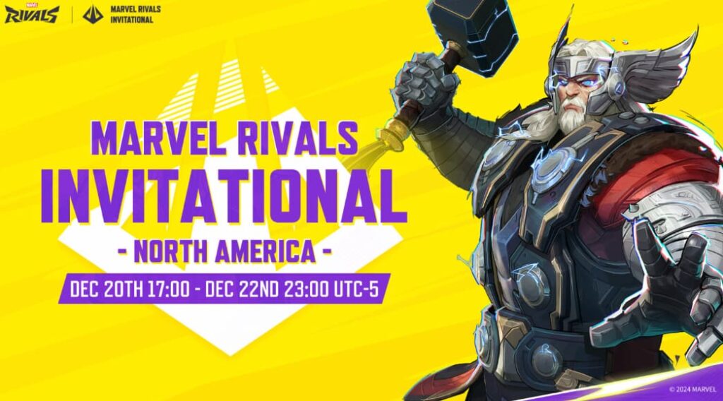 Promo för Marvel Rivals International North America med tävlingens namn och datum.