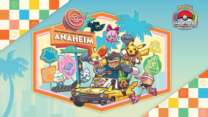 Färgglad affisch med Pikachu och fler Pokémon samt texten 'Anaheim'