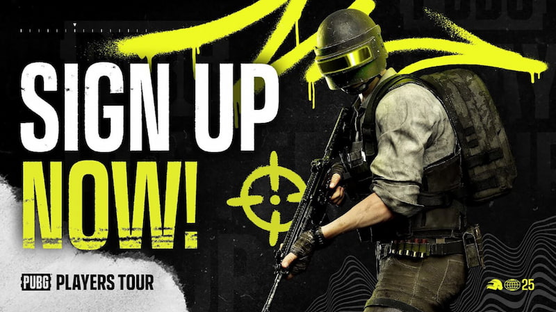 En PUBG-karaktär med texten 'Sign up now' för Players Tour 2025.