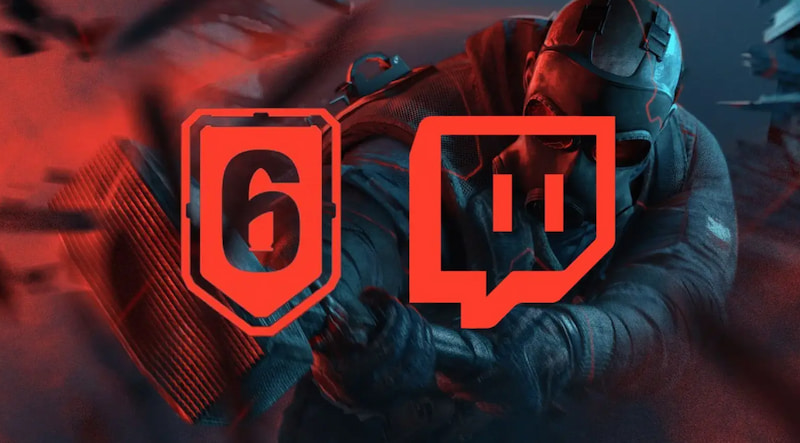 Rainbow Six-logotyp och Twitch-ikon över en actionfylld bakgrund med en operatör i rörelse.