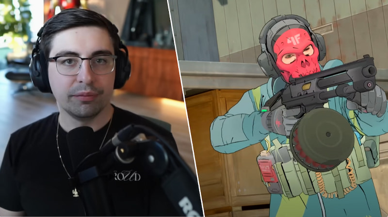 Shroud med headset vid mikrofon och en tecknad figur i röd mask som håller ett vapen från ett spel.