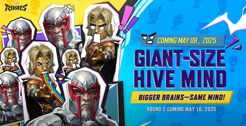 Affisch för Marvel Rivals-event "Giant-Size Hive Mind" med flera superhjältar, datum 9 maj 2025.