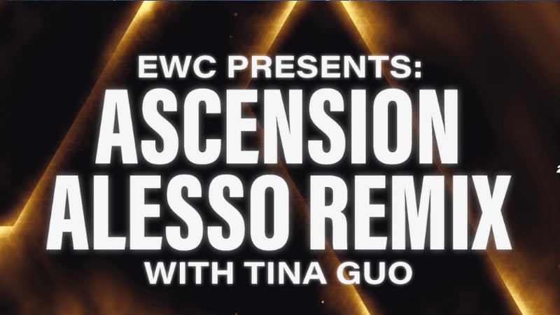 Textbild med texten: "EWC Presents: Ascension Alesso Remix with Tina Guo" i stora vita bokstäver på mörk bakgrund.