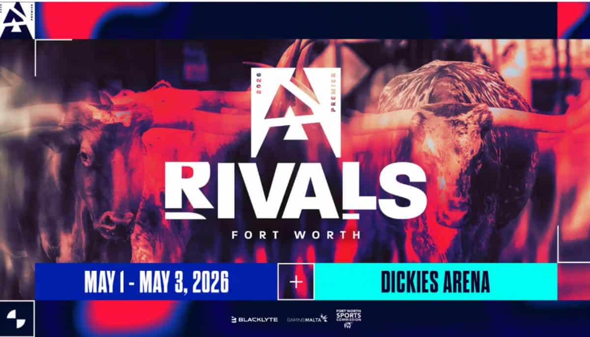 Affisch för RIVALS Fort Worth 2026, 1–3 maj på Dickies Arena, med två tjurar i bakgrunden.