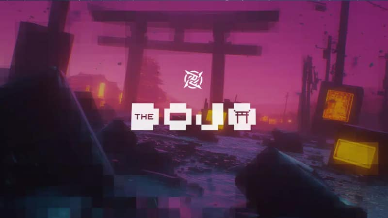 En digital miljö med japansk torii-port, neonfärgade skärmar och texten "The Dojo" i förgrunden.